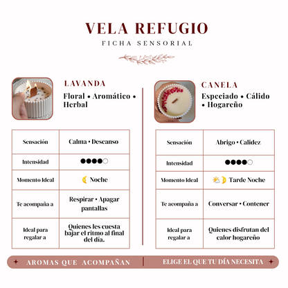 Vela Refugio | Aroma Canela o Lavanda | 70 grs